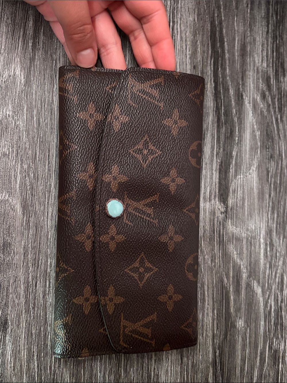 Louis Vuitton Brown Monogram Leather Wallet with Light Blue Snap